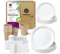 Vaisselle 50 Personnes | 250 Pièces Assiettes en Canne à Sucre et Couverts Réutilisables | Kit Robuste pour Fêtes, Barbecues et Anniversaires | Zéro Corvée de Nettoyage