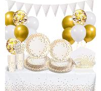 Vaisselle Anniversaire Blanc et Or, 25 Invités Vaisselle Assiettes de Fête Decoration avec Ballons, Nappe, Gobelets, Papier Serviettes, Pailles, pour Noël, Mariage, Baby Shower Enfant, 140 pièces