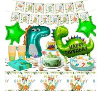 Vaisselle Anniversaire Dinosaure, 79 Pièces Vaisselle de Fête Animaux Mignons pour 20 Invités Assiettes Tasses Serviettes Ballon en Aluminium Décoration de Gâteau des pour Garçons Filles Enfants