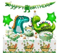 Vaisselle Anniversaire Dinosaure, 91 Pièces Vaisselle de Fête Animaux Mignons pour 20 Invités Assiettes Tasses Serviettes Ballon en Aluminium Décoration de Gâteau des pour Garçons Filles Enfants