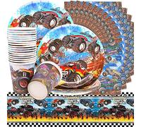 Vaisselle Anniversaire Monster Truck,Truck d'anniversaire Vaisselle Ensemble Compris 20 Assiette à Dessert,20 Tasses,20 Serviettes y 1 Nappe pour Voiture Décorations Anniversaires pour Enfants