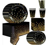 Vaisselle Anniversaire Noire Or,121pcs Noir Or Party Vaisselle Kit - Assiette Noir et Or Gobelet Serviettes & Nappe Noir et Or Anniversaire etc Vaisselle de Fête Or Noir pour Anniversaires,Mariage etc