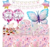 Vaisselle Anniversaire Papillon, 92 Pièces Rose Vaisselle de Fête Fleurs pour 20 Invités Assiettes Tasses Serviettes Ballon en Aluminium Décoration de Gâteau des pour Garçons Filles Enfants