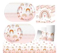 Vaisselle Arc en Ciel, Vaisselle Anniversaire Boheme pour 20 Personnes, Kit Anniversaire Bohème Arc-en-Ciel, Decoration Anniversaire Boheme Assiettes, Serviettes, Nappes,Gobelets en Papier