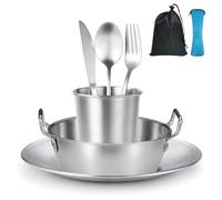 Vaisselle Camping 1 Personne, Assiette Camping Acier Inoxydable, Couverts de Camping avec Sac de Rangement, Bivouac Camping Accessoires, Comprend Couteau, Fourchette, cuillère, Assiette, Bol et Tasse