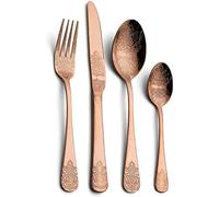Vaisselle Couverts À Motif Vintage Argenterie 24 Pièces, Ustensiles en Acier Inoxydable Plaqué Or 18/10, Ensemble De Couverts pour 6 Personnes Service De Table Réutilisable,24 Pièces en Cuivre,Pic