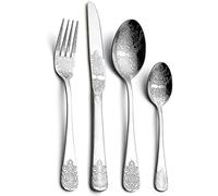 Vaisselle Couverts À Motif Vintage Argenterie 24 Pièces, Ustensiles en Acier Inoxydable Plaqué Or 18/10, Ensemble De Couverts pour 6 Personnes Service De Table Réutilisable,24 Pièces Argenté,Pictu