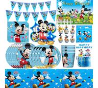 Vaisselle d'anniversaire Mickey Mouse : Assiette, gobelet, serviette, nappe, ballon Mickey Mouse bleu, bannière, boîte à popcorn, sac cadeau mask
