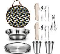 Vaisselle de Camping en Acier Inoxydable 16 Pièces pour 2 Personnes, Kit Repas avec 2 Assiettes, 2 Bols, 2 Gobelets 300 ml, Couverts, Sac de Rangement, Pince, Camping, Randonnée, Pique-Nique