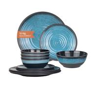 Vaisselle de camping en mélamine pour 4 personnes, 12 pièces | Passe au lave-vaisselle | Service de pique-nique | Vaisselle de camping | Design Stone Blue