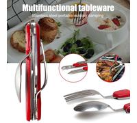 Vaisselle De Camping Pliante Portable 6 En 1, En Acier Inoxydable, Cuillère, Fourchette, Ouvre-Bouteille, Vaisselle De Voyage N66