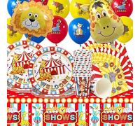 Vaisselle de Cirque Doyomtoy,Fournitures pour Fêtes d'anniversaire d'enfants75 pièces Décoration de fête de Cirque Assiettes Tasses Serviettes Nappes Ballons,Ballons de Cirque (20 invités)