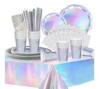 Vaisselle de Fête Anniversaire Enfant,Argent Anniversaire Vaisselle Set | Avec Assiette Nappe Tasses Serviettes Papier Pailles pour Baby Shower Anniversaire Mariage Party(16 invités)