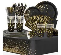 Vaisselle de Fête Anniversaire Enfant,Noir Or Anniversaire Vaisselle Set | Avec Assiette Nappe Tasses Serviettes Papier Pailles pour Baby Shower Anniversaire Mariage Party(16 invités)