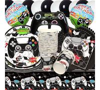 Vaisselle de Fête Anniversaire Jeu Vidéo,Doyomtoy 76 Pièces Vaisselle Papier Set Assiettes en Papier Serviettes Tasses Ballons pour Fête à Thème Jeu Vidéo Décorations Fête d'Anniversaire