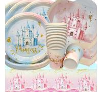Vaisselle de Fête Château Anniversaire,Doyomtoy Princesse Vaisselle Papier Set Château Assiettes en Papier Serviettes Tasses pour Fête à Thème Baby Shower Décorations Fête d'Anniversaire 20 personnes