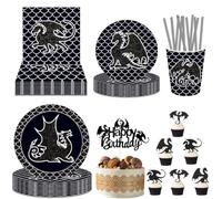Vaisselle De Fête d'Anniversaire Dragon Noir,82 Pièces Dragon Party Décoration Vaisselle Cupcake Dragon Topper Décoration Assiettes Tasses En Papier Pailles Serviettes Accessoires Fête Pour 8 Invités