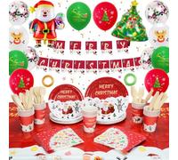 Vaisselle de Fête de Noël - Lot de 16 Assiettes à Dîner, Merry Christmas Deco Table Set avec Tree, Santa, Elk, Banner, Nappe, Feuille Confetti, Ballons pour Party Décoration