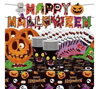 Vaisselle de fête d'Halloween avec drapeaux à tirer, assiettes en carton, serviettes, tasses et nappes, convient pour 20 personnes