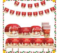 Vaisselle de Fête en Papier de Noël,Fournitures Pour Fêtes,Service de Table de Noël,Comprend Une Bannière Assiettes,Des Serviettes et Gobelets en Carton Pour Décorer Les Tables de Fête,54 Pièces