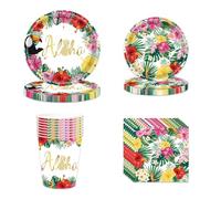 Vaisselle de Fête Feuille Palmier Hawaïen Fourniture de Fête Aloha, Décoration De Fête Luau Tropicales Assiette en Papier, Serviettes, Gobelets pour Été Plage Fête Anniversaire Hawaïenne (68)