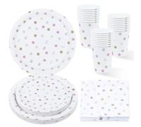 Vaisselle de fête Jetable, Assiettes en Papier, Serviettes, Gobelets en Carton 72 Pièces Pois colorés Sets de Couverts Jetables pour Fête d'anniversaire des enfants