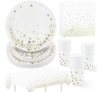 Vaisselle de fête Jetables, Lot de 97 Assiettes en papier, Serviettes, Gobelets en papier, Nappe Blanc avec feuille d’or Ensemble Vaisselle