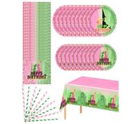 Vaisselle de fête sorcière rose et verte - Assiettes en carton, serviettes, fourchettes, nappe imperméable, fournitures de décoration de fête d'anniversaire sorcière et princesse