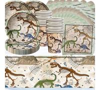 Vaisselle de fête sur le thème archéologique des dinosaures, avec assiettes en carton, serviettes en papier, gobelets en carton et nappes, convient pour une fête d'anniversaire de 20 personnes