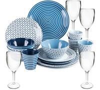 Vaisselle en mélamine et verre acrylique pour 4 personnes - 20 pièces - Vaisselle de camping - Bleu blanc - avec verre à vin 200 ml - Verres - Vaisselle de table
