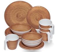 Vaisselle en mélamine marron pour 4 personnes - 16 pièces avec tasses empilables aspect faïence passe au lave-vaisselle Vaisselle de camping caravane camping festival pique-nique fête