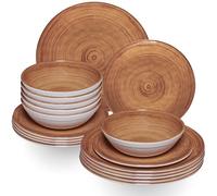 Vaisselle en mélamine marron pour 6 personnes - 18 pièces - Aspect bois - Passe au lave-vaisselle - Accessoires de camping - Caravane - Festival - Pique-nique - Fête de jardin