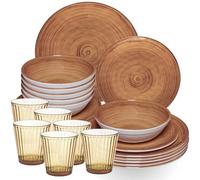 Vaisselle en mélamine marron pour 6 personnes - 24 pièces avec verres assortis de 360 ml en céramique acrylique aspect grès lavable au lave-vaisselle Accessoires de camping caravane camping festival