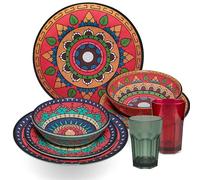 Vaisselle en mélamine Toscane Deep pour 2 personnes - 8 pièces - Rouge/vert - Aspect mandala avec verres assortis 400 ml Accessoires de camping caravane Camping Festival pique-nique gardenparty