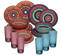 Vaisselle en mélamine Toscane Deep pour 6 personnes - 24 pièces rouge/vert - Aspect mandala avec verres assortis 260 ml Accessoires de camping caravane Camping Festival pique-nique Garden Party