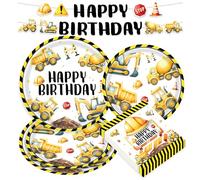 vaisselle fête chantier 10 invités assiettes carton gobelets serviettes thème pelleteuse engins techniques anniversaire enfants décoration garçons filles