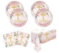 Vaisselle fête de Baptême communion,Set d'assiettes en papier pour anniversaire d'enfant, Décoration de fête à motif floral croisé,écoration de table pour baptême, confirmation, communion
