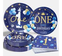 Vaisselle Garçon 1 An, 24 Invités Or Bleu 'ONE' Fête D'anniversaire Serviettes Assiettes Papier pour Premier Anniversaire Décoration