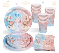 Vaisselle Gender Reveal Nounours 24 Invités, 96pcs Assiette Gobelet Serviette en Papier Gender Reveal Fille Ou Garcon pour Annonce Sexes BéBé, Baby Shower Revelation