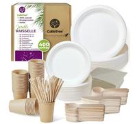 Vaisselle jetable 400 pièces pour 25 personnes. Vaisselle écologique en canne à sucre. Comprend 100 assiettes, 150 couverts en bois, 50 gobelets en papier kraft avec 50 pailles et 50 serviettes