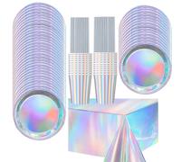 Vaisselle Jetable Anniversaire Holographique Argenté - Assiettes Carton Gobelets Nappe Laser pour Mariage Fête Disco Y2K Kpop Décoration - Kit Complet Iridescent Chic et Brillant pour Table de Fête et