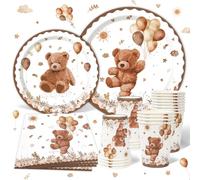 Vaisselle Jetable Anniversaire Ourson, 96 Pièces Assiette Jetable Anniversaire Ours Garcon, Ourson Vaisselle Enfant, Assiettes Carton Tasses Serviettes pour Decoration Anniversaire 1 An 24 Invités