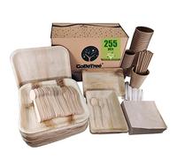 Vaisselle Jetable - En Feuilles de Palmier, 255 Pièces pour 25 Personnes, Assiettes Carrées Jetables avec Plateaux, Couverts en Bois, Verres et Gobelets à Café Kraft avec Bâtonnets, Camping,Barbecue