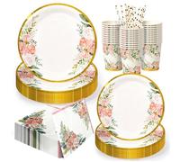 Vaisselle jetable or rose 25 invités - 25 assiettes 22 8 cm + 25 assiettes 17 8 cm + 25 gobelets pailles serviettes