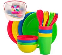 AKTIVE Set Picnic Camping pour 4 Personnes Plateau Repas avec Poignée Couverts de Camping, Assiettes, Tasses, Saladiers Gobelets en Plastique Dur Réutilisables