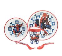VAISSELLE POUR ENFANTS 5 PIÈCES AVEC BASE ANTIDÉRAPANTE. ASSIETTE, BOL, VERRE DE 260 ML ET COUVERTS. SANS BPA | SPIDERMAN ARACHNID GRID