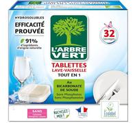 Vaisselle propre et brillante grâce aux tablettes Tout en 1 L'ARBRE VERT au bicarbonate de soude, format x32 - Lot de 3