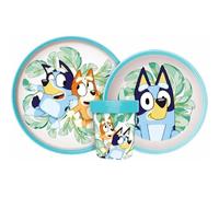 Vaisselle réutilisable bicolore pour enfants - Set de 3 pièces : assiette, bol et verre avec base antidérapante - Sans BPA (pour BLUEY)
