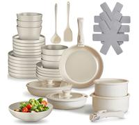 Vaisselle - TECTAKE - Ensemble de vaisselle en grès émaillé 40 pièces avec casseroles, poêles et couvercles - Taupe/Blanc