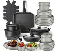 Vaisselle - TECTAKE - Ensemble de vaisselle en grès émaillé 41 pièces avec casseroles, poêles et couvercles - Gris/Noir
